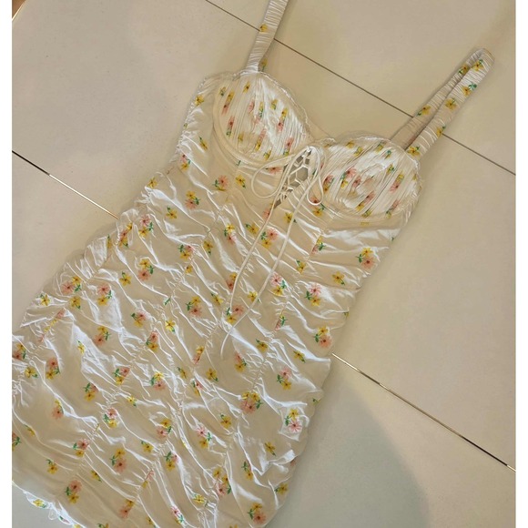 For Love Lemons Floral‎ Ruched Corset Mini Dress Coquette Lace Up XS - Picture 3 of 16